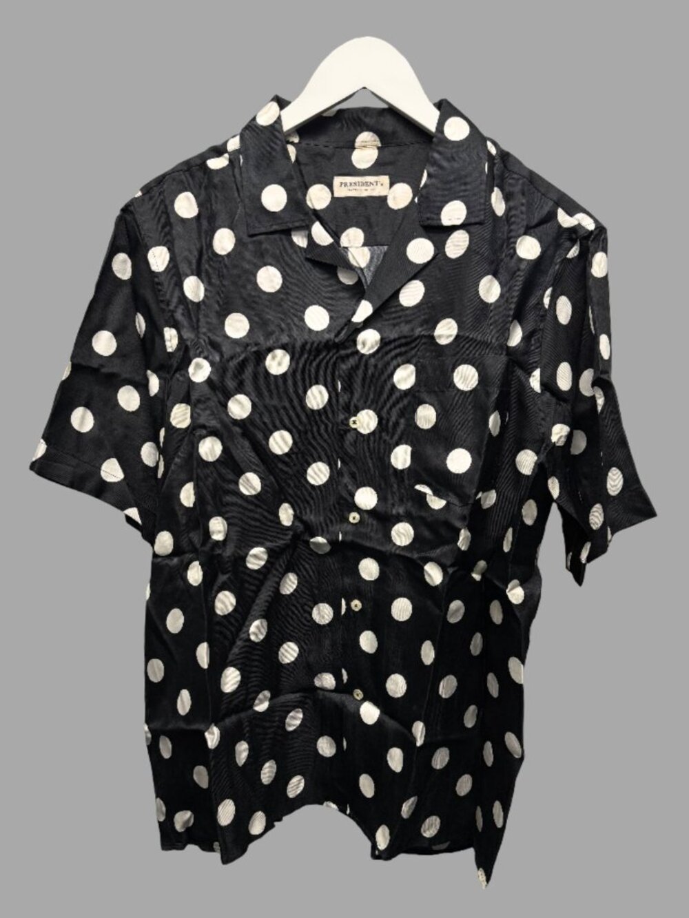 PRESIDENT'S Black White Silk Polka Dot Camp Collar Short Sleeve Shirt